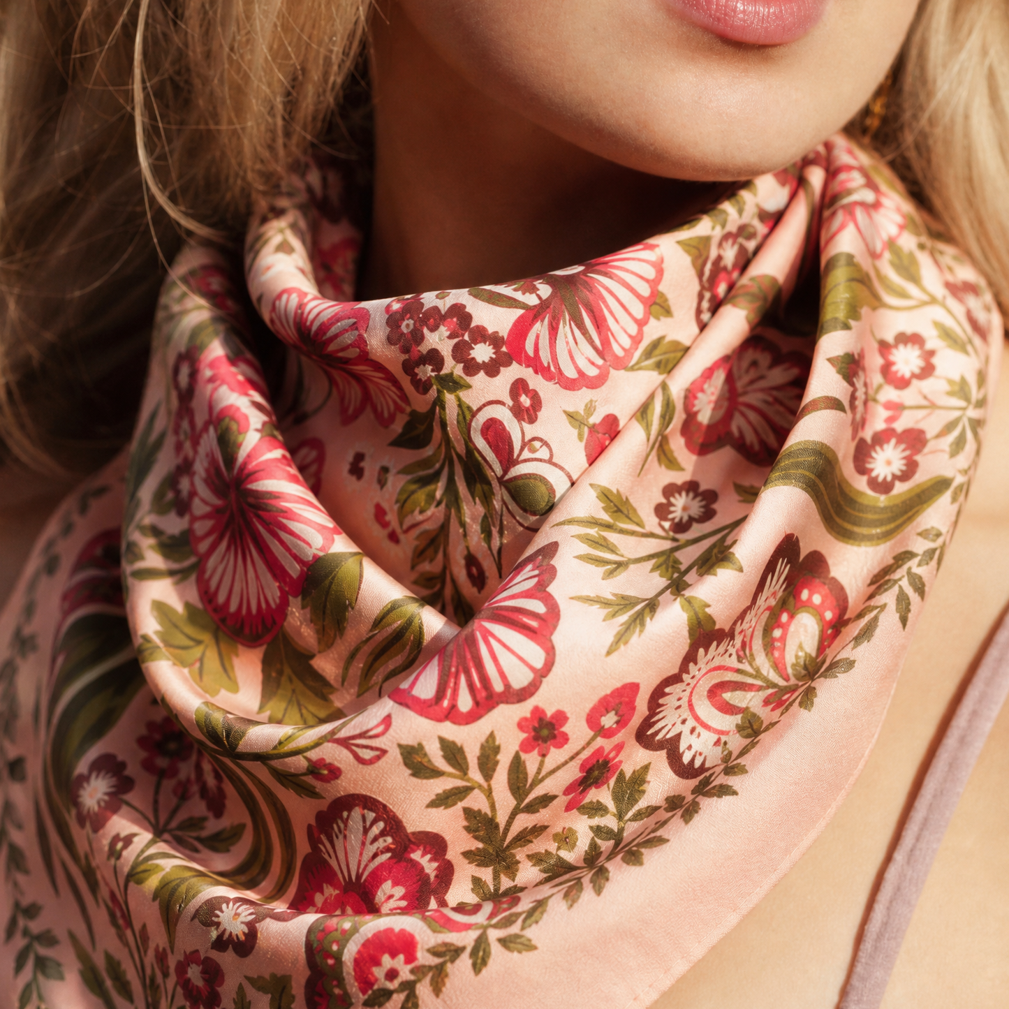 Sylvia Bandana in Pinks, Green, & Cream Floral | Handmade in India | Cotton Flower Designs Handkerchief | 22'' x 22''