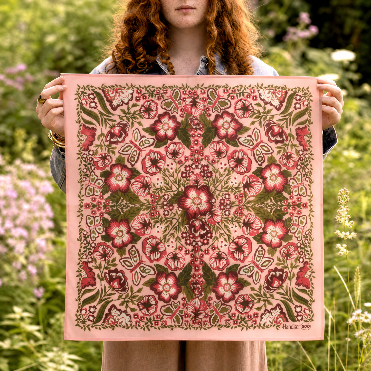 Sylvia Bandana in Pinks, Green, & Cream Floral | Handmade in India | Cotton Flower Designs Handkerchief | 22'' x 22''