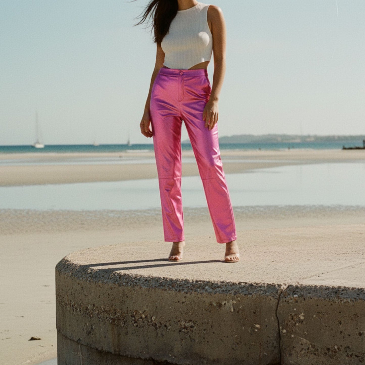 Synthetic Leather Metallic-Accented Slim-Fit Trouser in Pink
