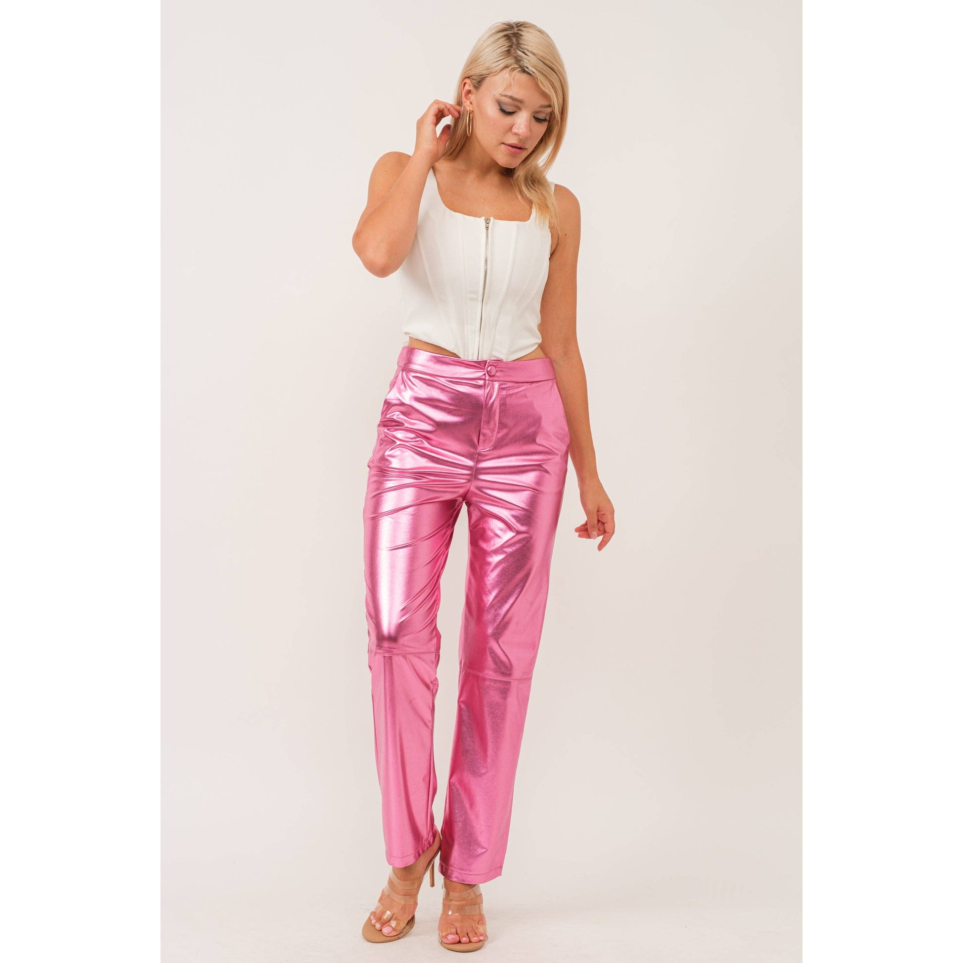 Synthetic Leather Metallic-Accented Slim-Fit Trouser in Pink