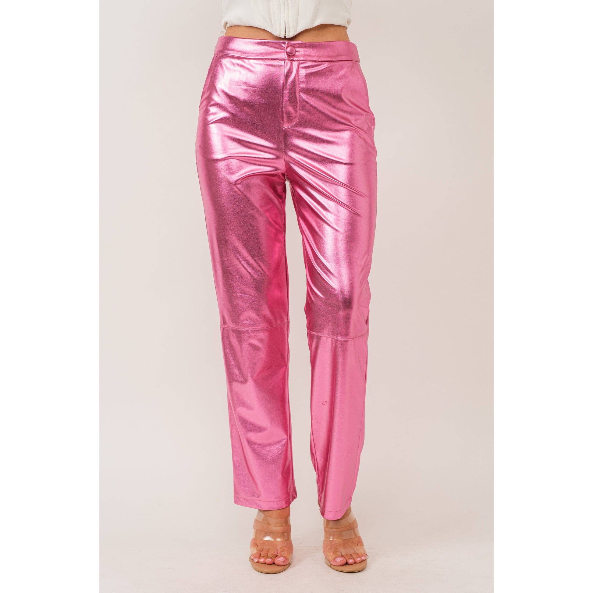 Synthetic Leather Metallic-Accented Slim-Fit Trouser in Pink