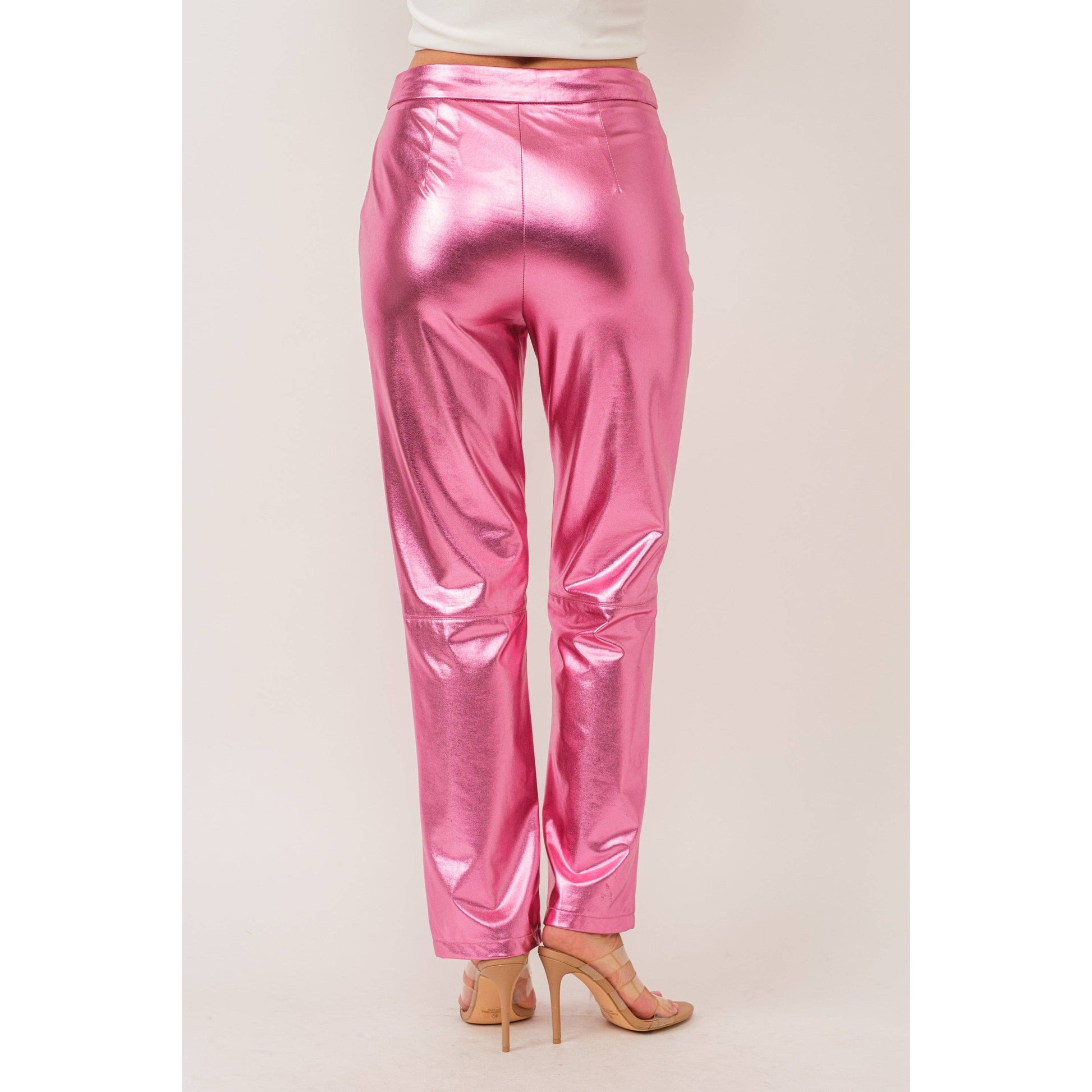 Synthetic Leather Metallic-Accented Slim-Fit Trouser in Pink