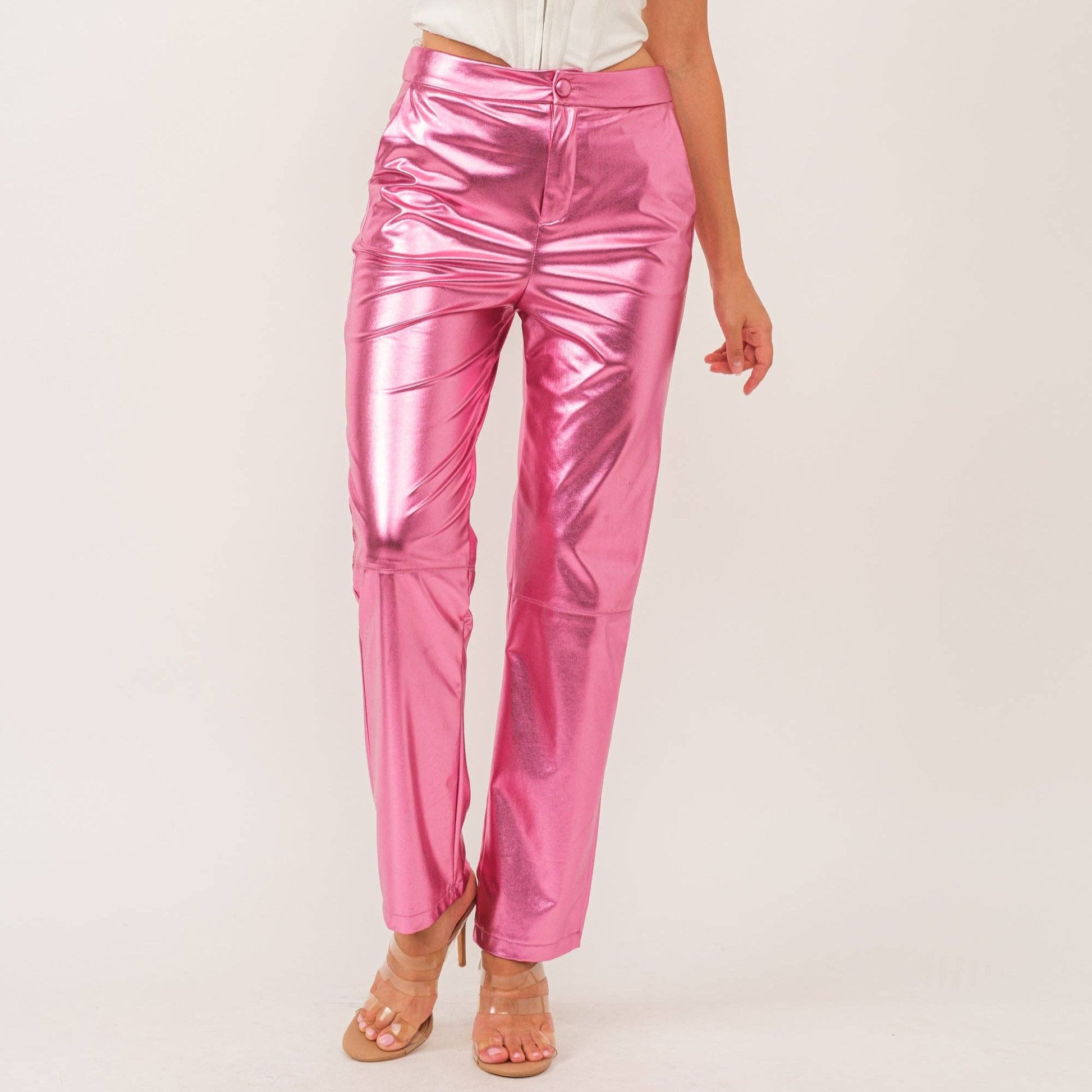 Synthetic Leather Metallic-Accented Slim-Fit Trouser in Pink