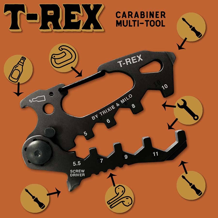 T-Rex Carabiner Multitool | Stainless Steel Dino Shaped Keychain Multitool | 4" x 2.5" | Gift for Men