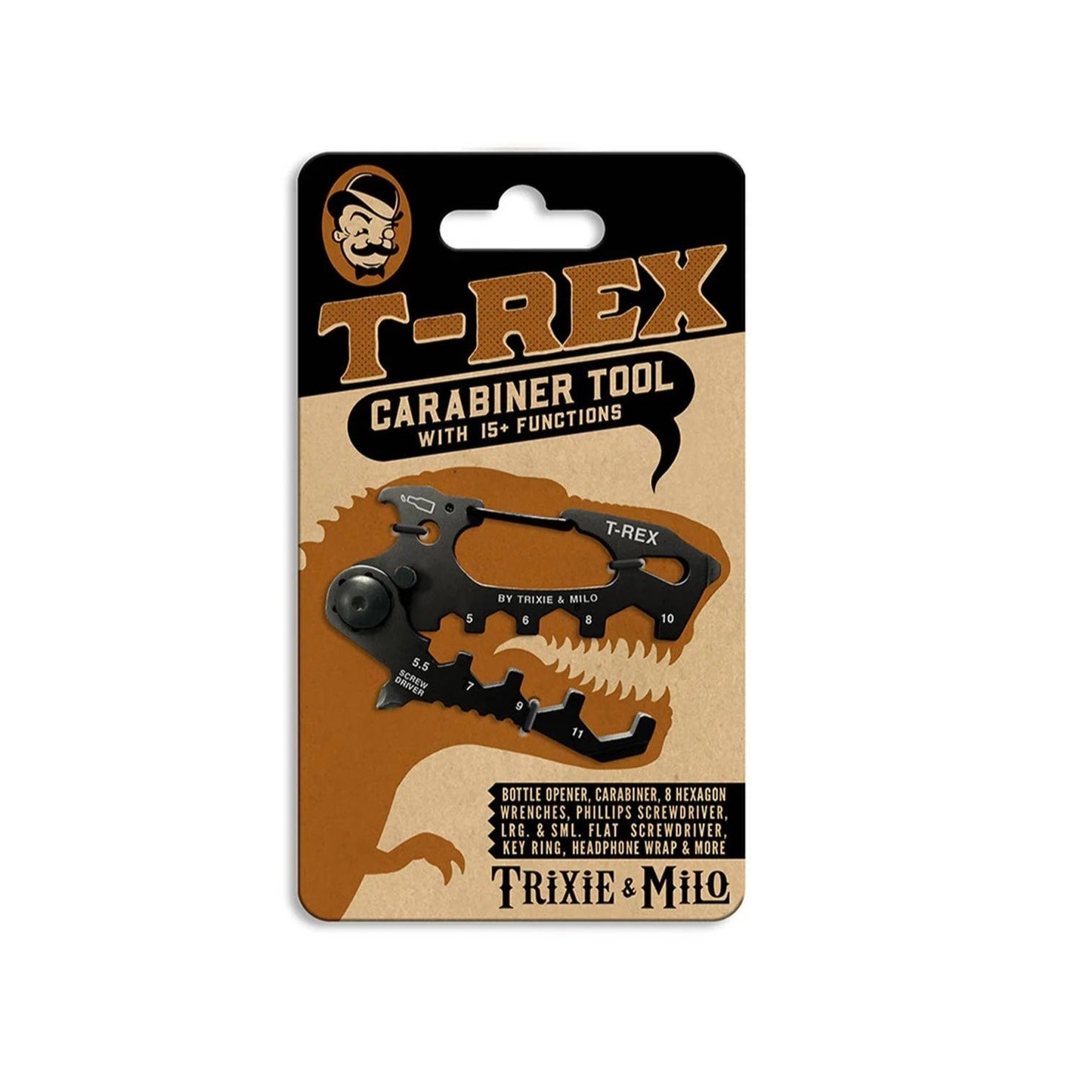 T-Rex Carabiner Multitool | Stainless Steel Dino Shaped Keychain Multitool | 4" x 2.5" | Gift for Men
