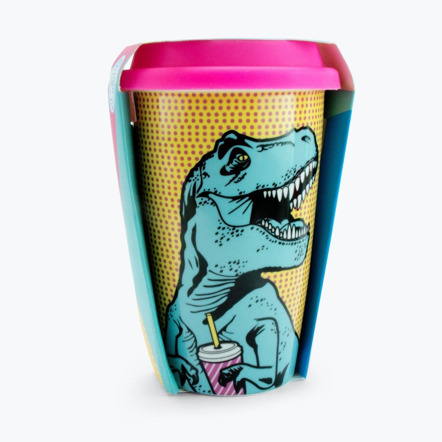 T-Rex Ceramic Double Wall Travel Mug in Pop Art Multicolor