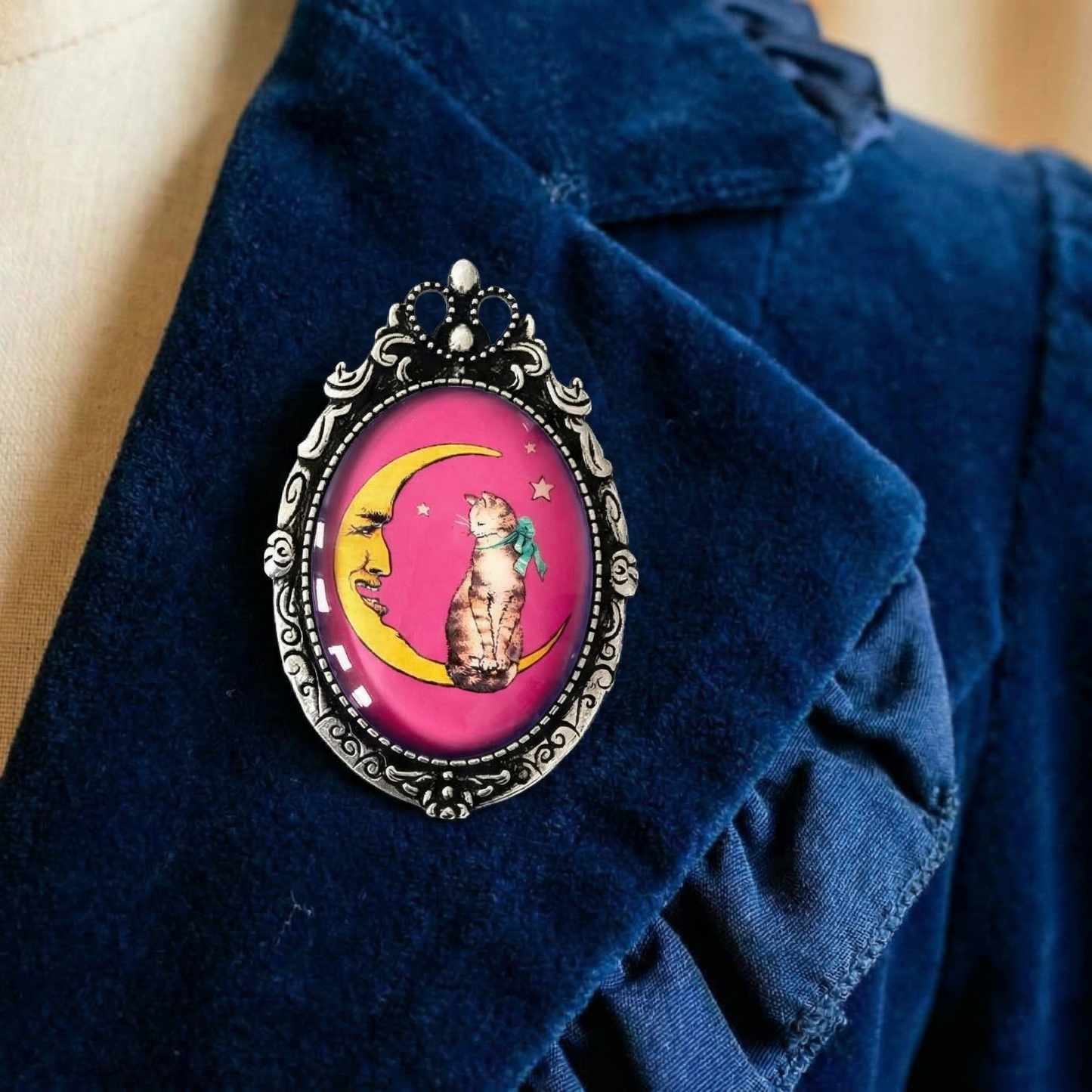 Tabby Cat Crescent Moon Brooch | Vintage 1920s Style Celestial Cat Glass Cabochon Pin