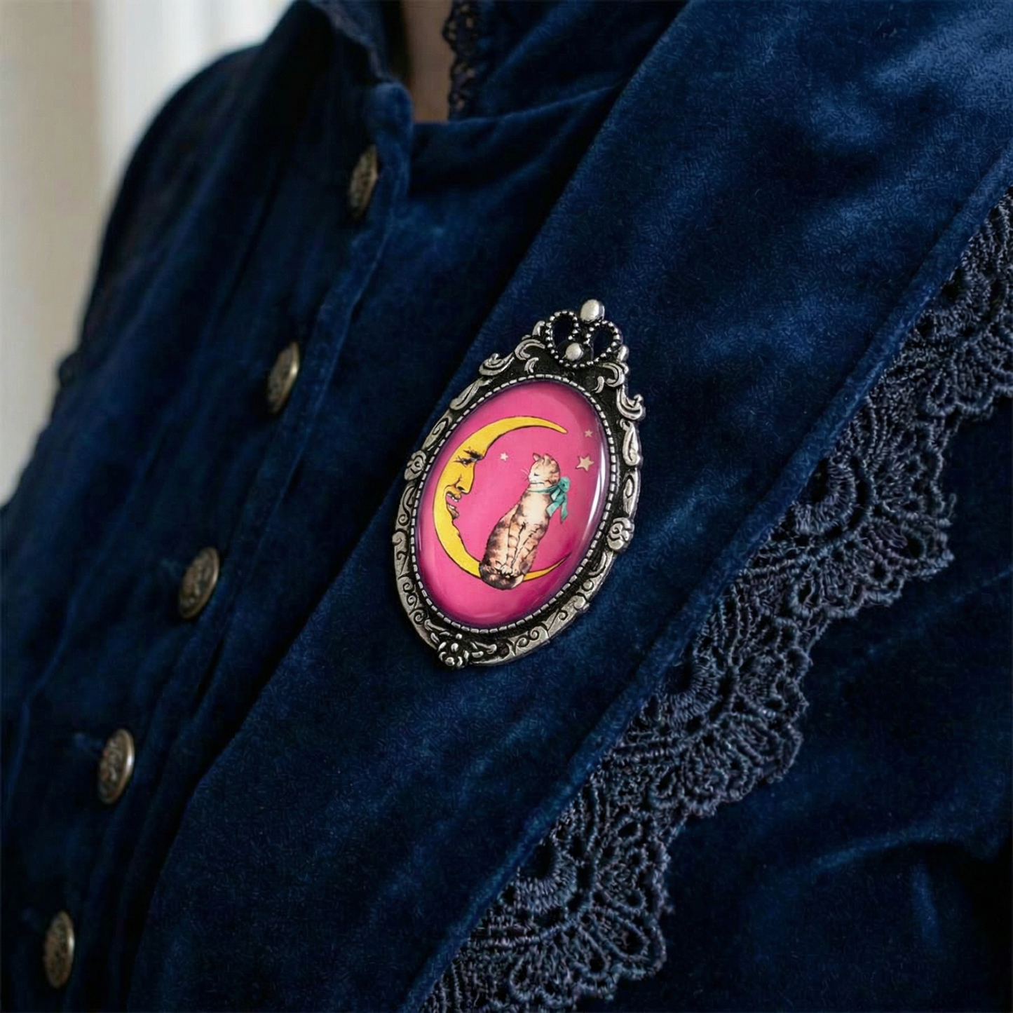 Tabby Cat Crescent Moon Brooch | Vintage 1920s Style Celestial Cat Glass Cabochon Pin