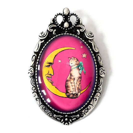Tabby Cat Crescent Moon Brooch | Vintage 1920s Style Celestial Cat Glass Cabochon Pin