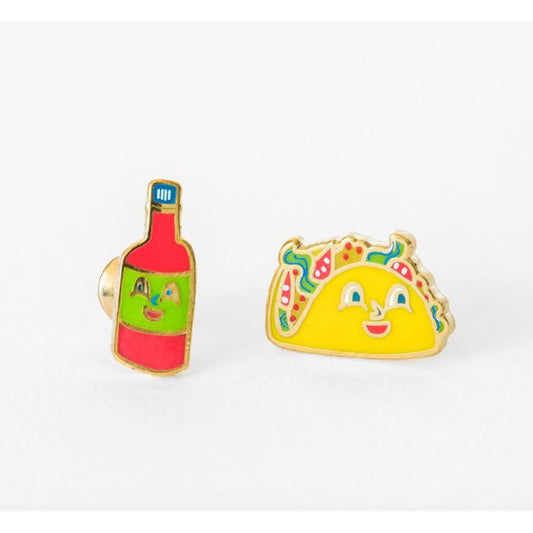 Taco and Hot Sauce Mismatched Stud Earrings | Cloisonné with 22 Karat Gold | In a Glass Gift Vial