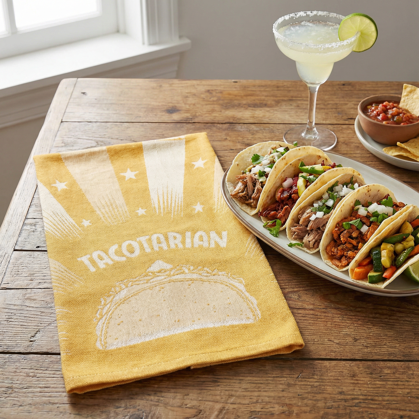 Tacotarian Woven Bright Funny Snarky Dish Cloth Towel | Ultra Soft and Absorbent Jacquard | All-Over Design | Unfolds 20" x 28" | Giftable