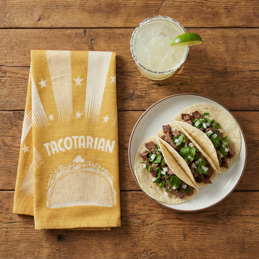 Tacotarian Woven Bright Funny Snarky Dish Cloth Towel | Ultra Soft and Absorbent Jacquard | All-Over Design | Unfolds 20" x 28" | Giftable