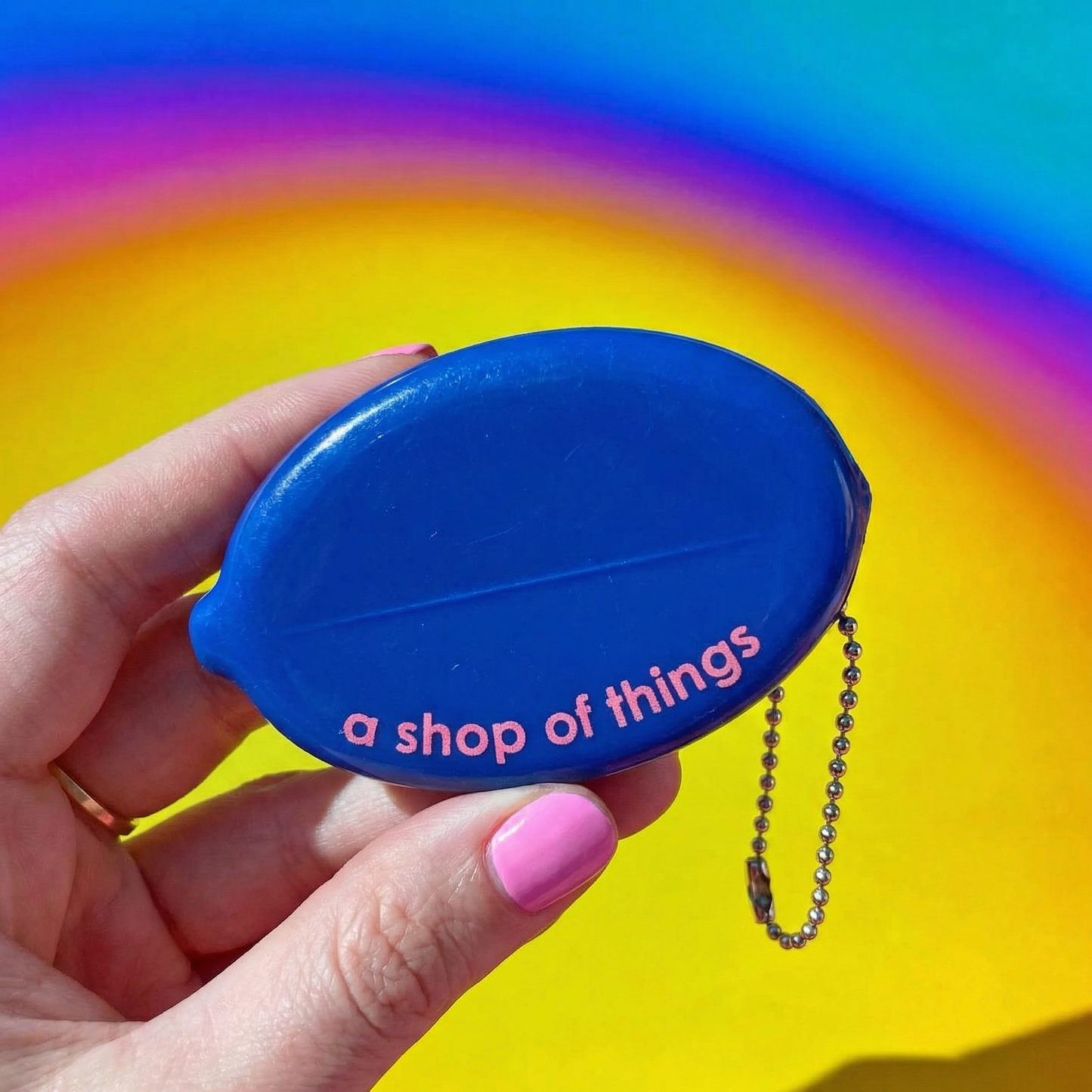 Take Care Coin Pouch Keychain in Blue | Retro Smiley Face