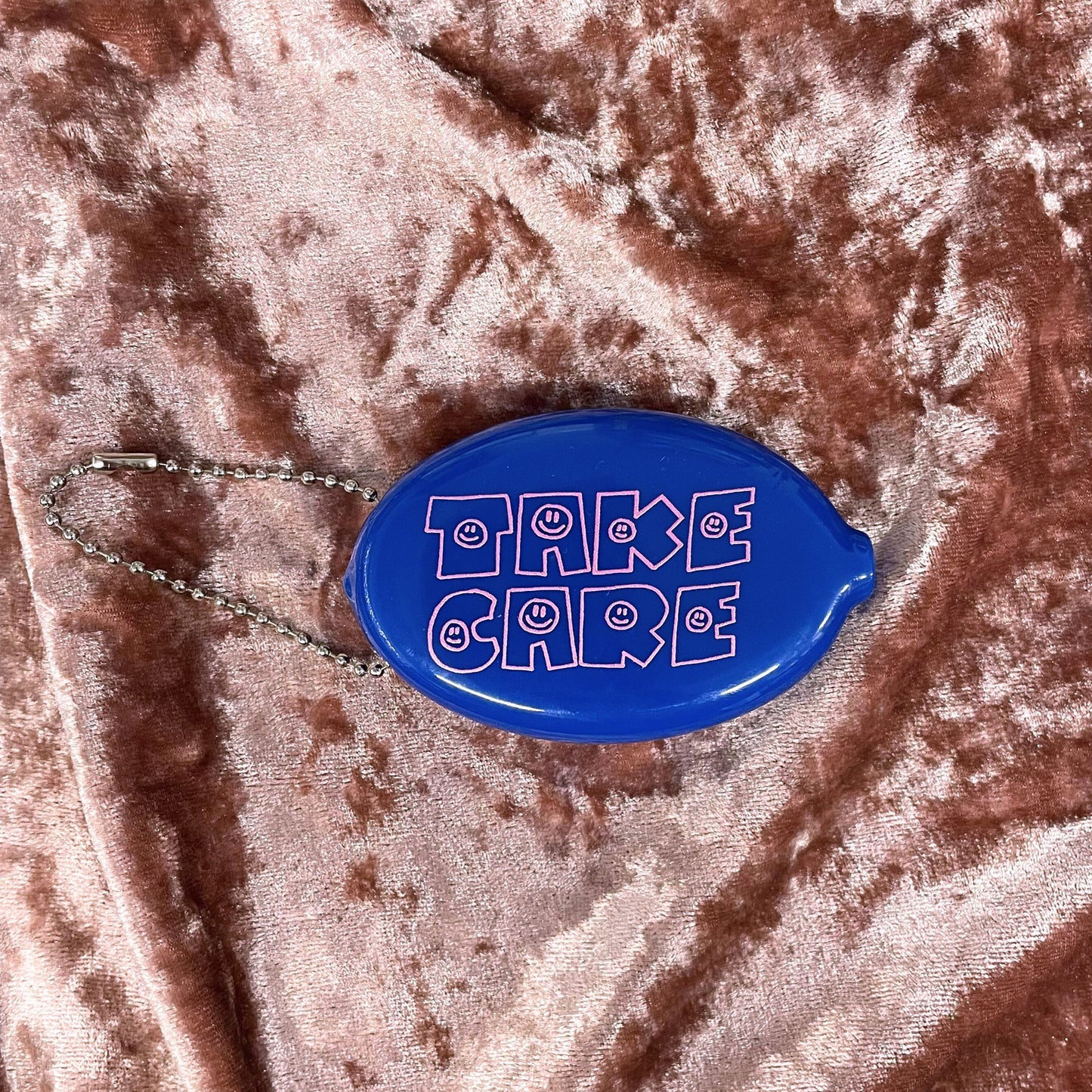 Take Care Coin Pouch Keychain in Blue | Retro Smiley Face