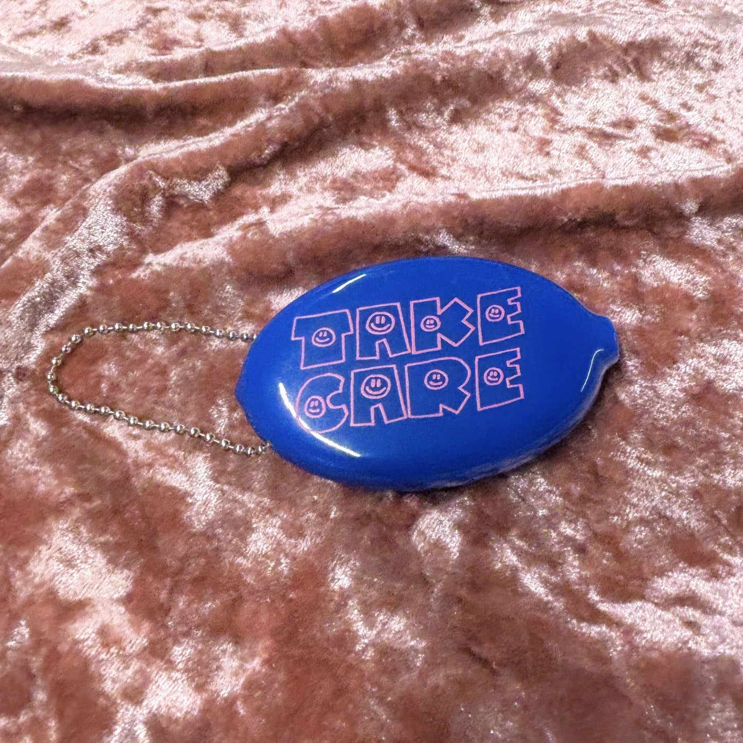 Take Care Coin Pouch Keychain in Blue | Retro Smiley Face