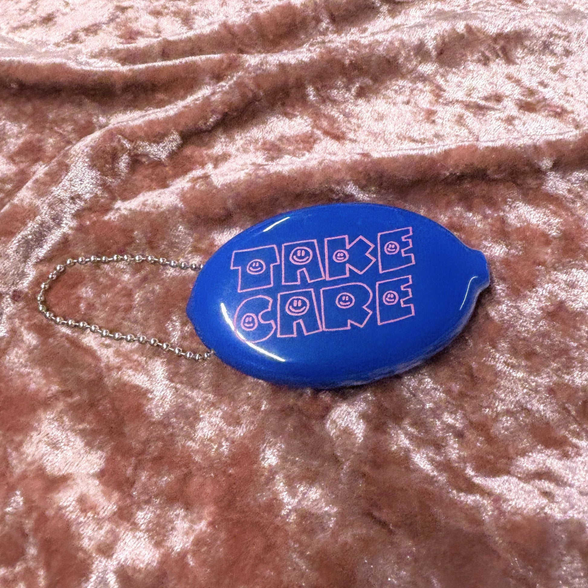Take Care Coin Pouch Keychain in Blue | Retro Smiley Face