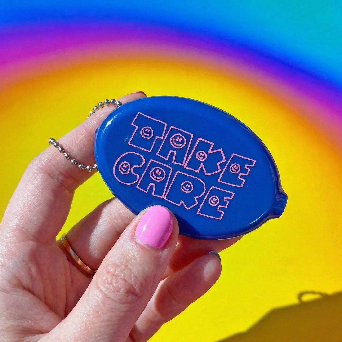 Take Care Coin Pouch Keychain in Blue | Retro Smiley Face