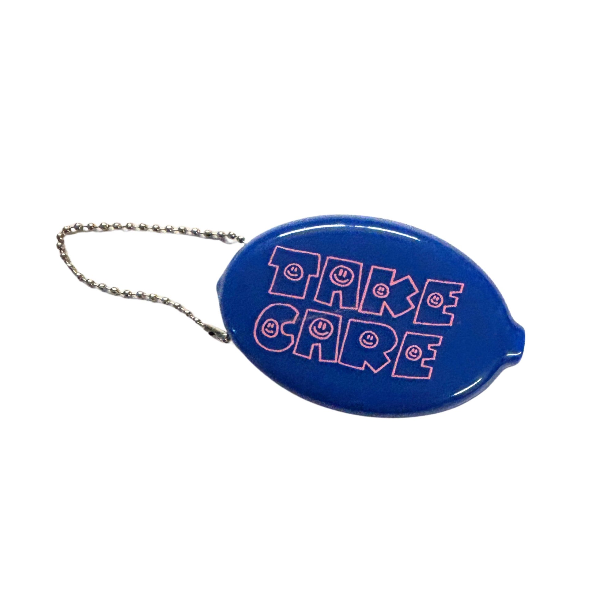 Take Care Coin Pouch Keychain in Blue | Retro Smiley Face