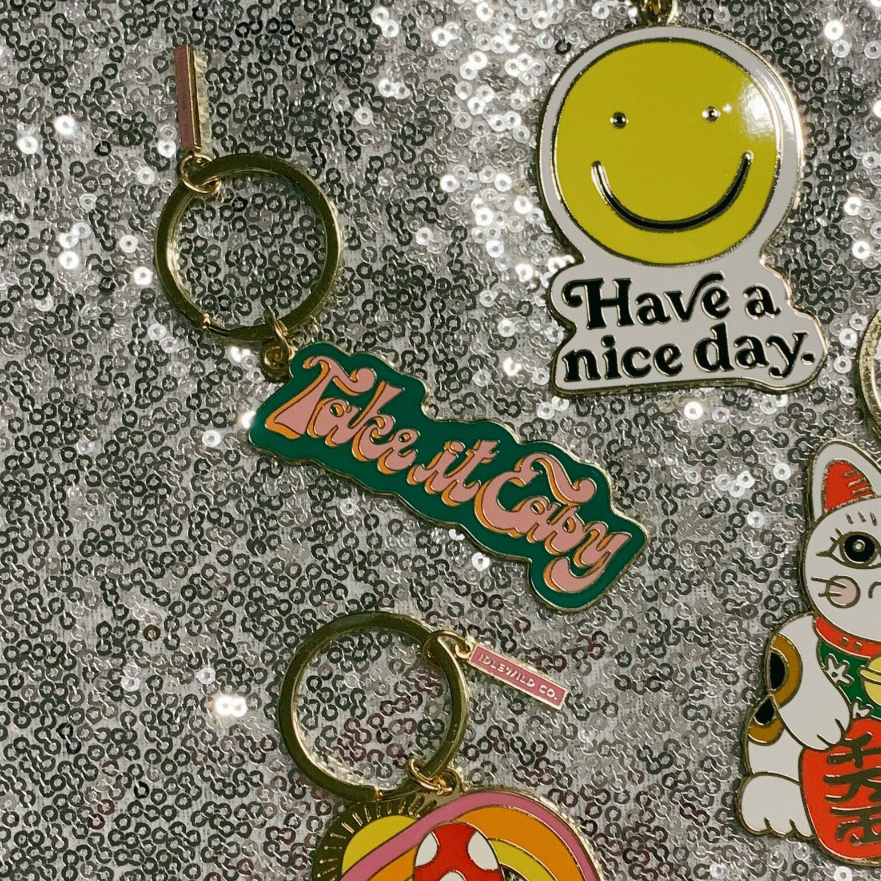 Take It Easy Brass and Enamel Keychain | Hand Painted Design Key Ring Holder