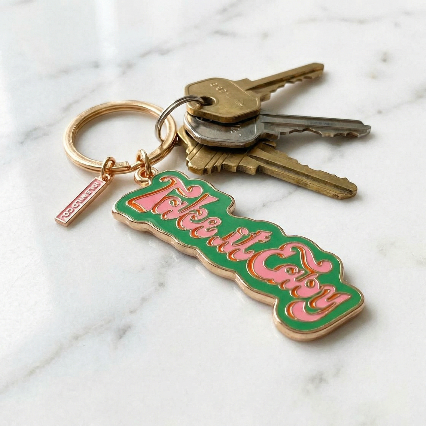 Take It Easy Brass and Enamel Keychain | Hand Painted Design Key Ring Holder