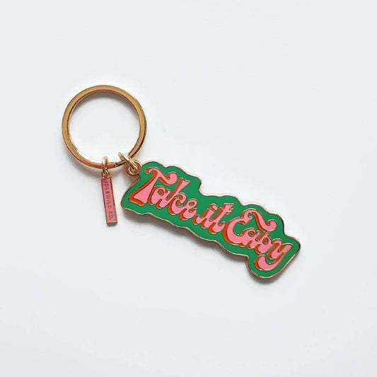 Take It Easy Brass and Enamel Keychain | Hand Painted Design Key Ring Holder