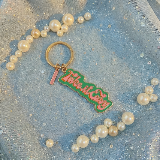 Take It Easy Brass and Enamel Keychain | Hand Painted Design Key Ring Holder