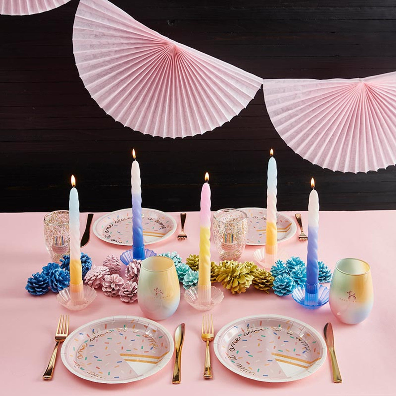 Take It One Slice At A Time Paper Plates | Pink Sprinkle Birthday Cake Plates with Gold Foil | 9”