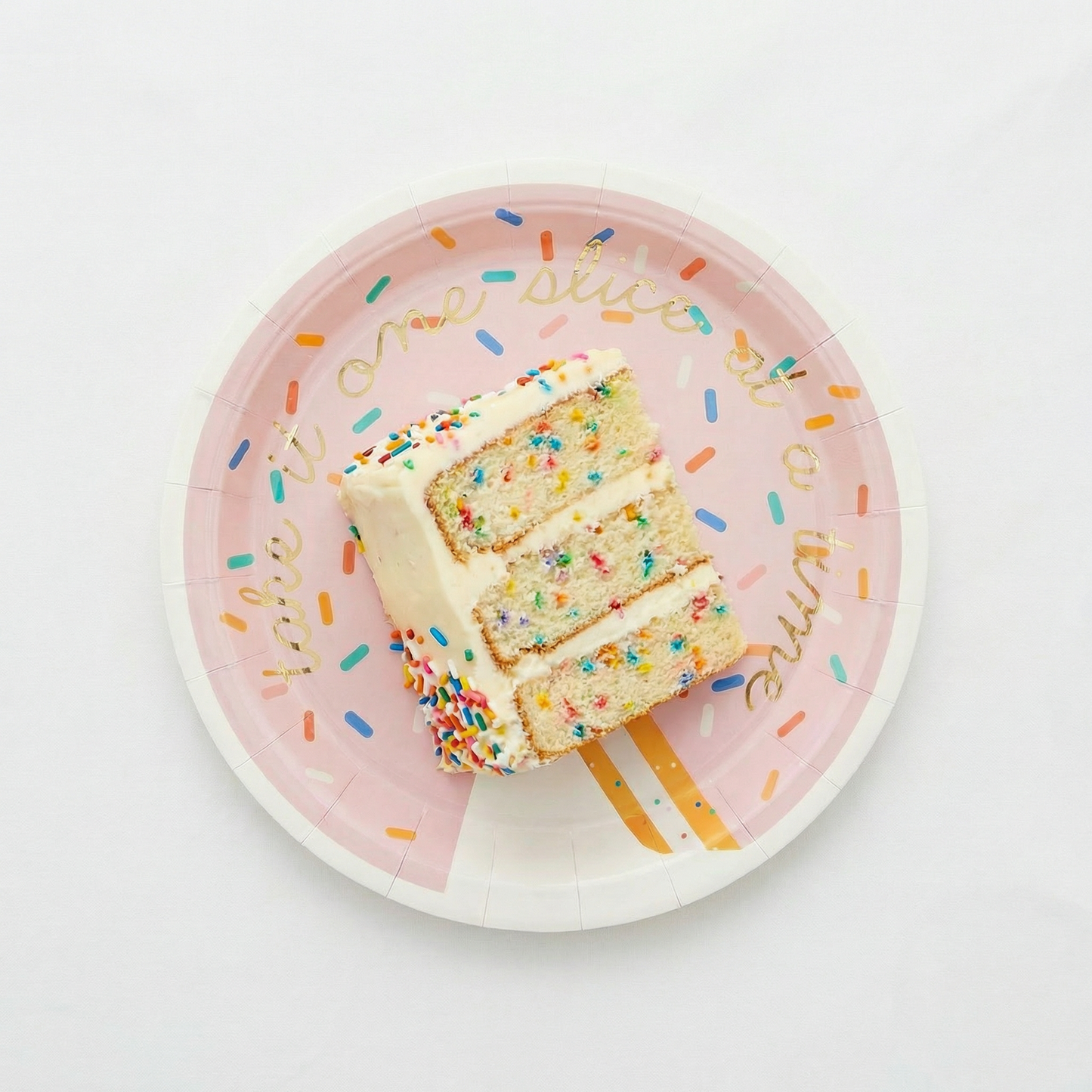 Take It One Slice At A Time Paper Plates | Pink Sprinkle Birthday Cake Plates with Gold Foil | 9”