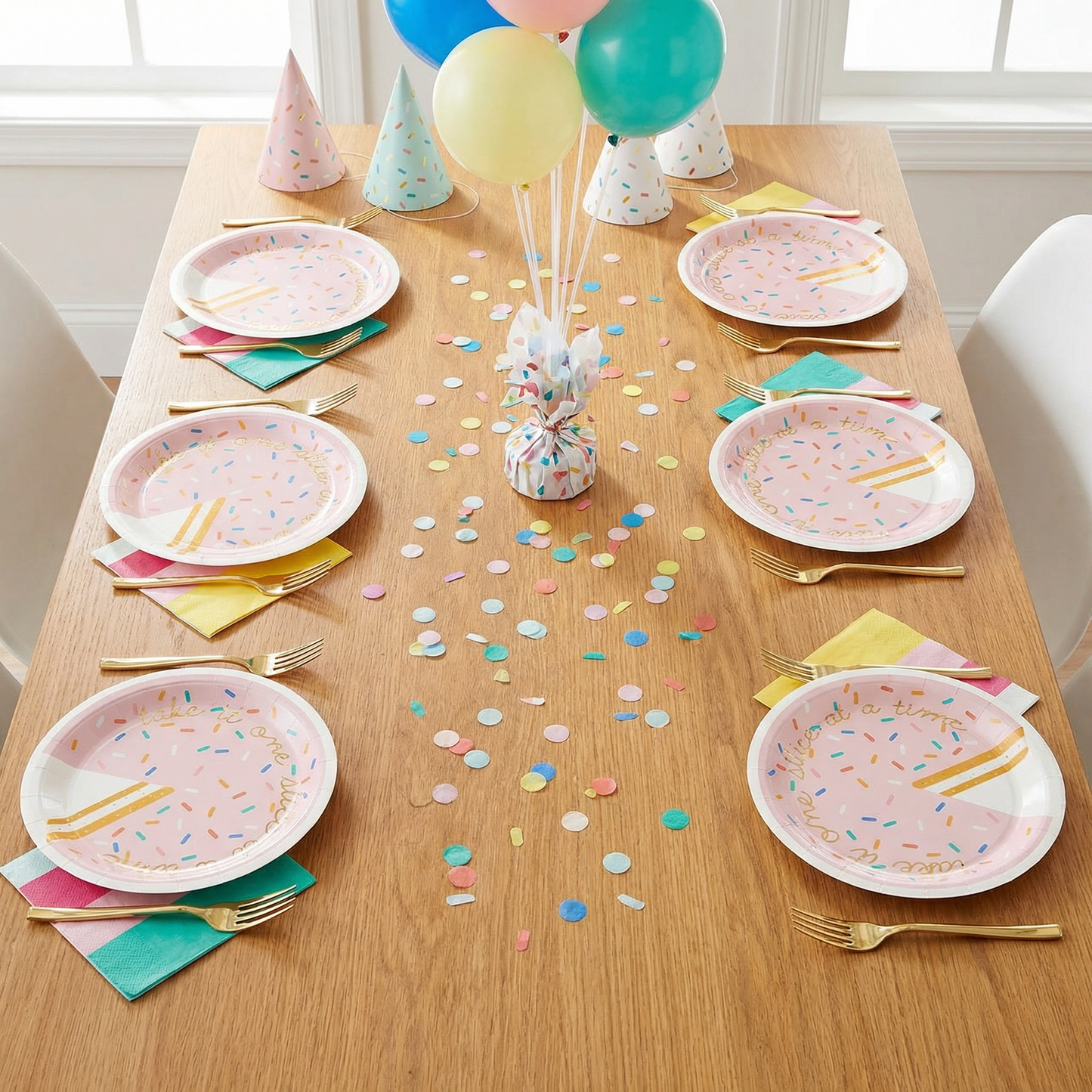 Take It One Slice At A Time Paper Plates | Pink Sprinkle Birthday Cake Plates with Gold Foil | 9”