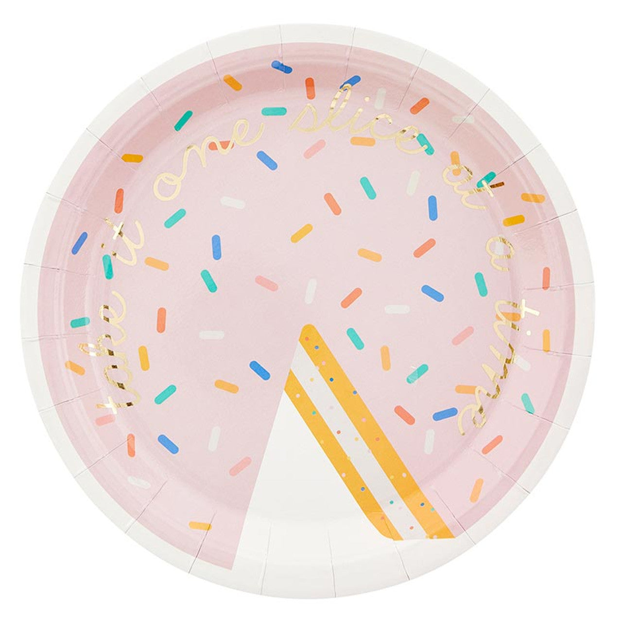 Take It One Slice At A Time Paper Plates | Pink Sprinkle Birthday Cake Plates with Gold Foil | 9”
