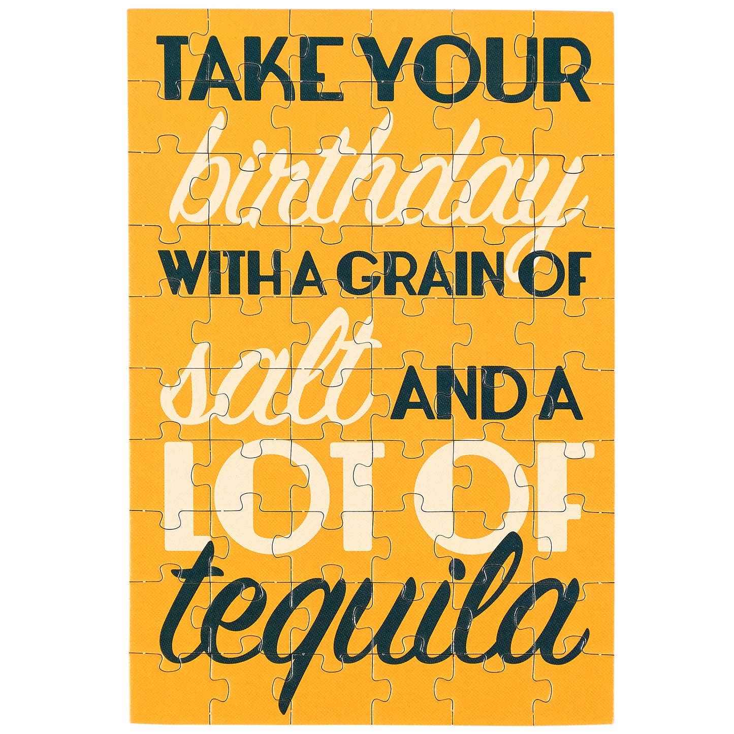 Jigsaw puzzle with humorous birthday message on a yellow background