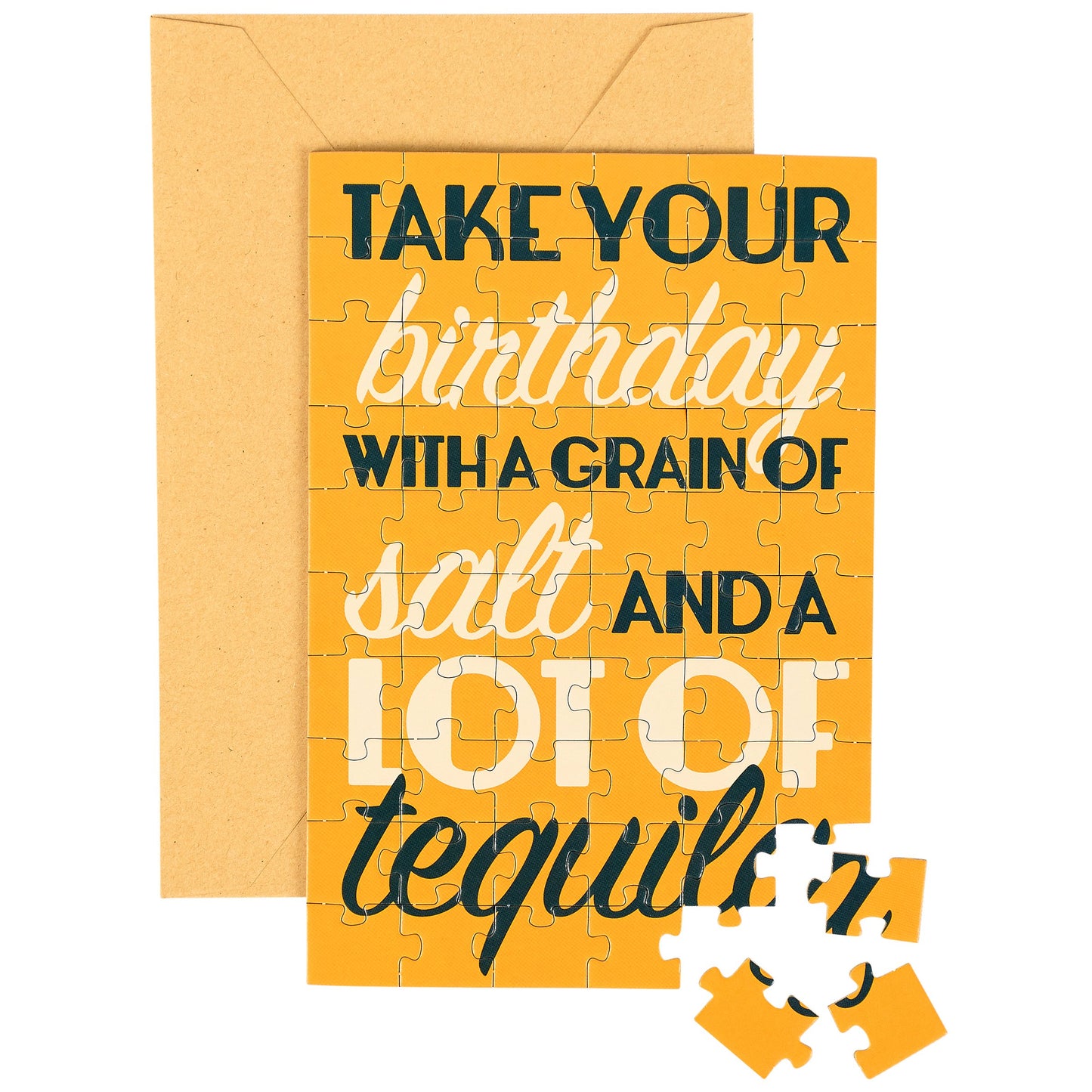 Jigsaw puzzle with humorous birthday message on a yellow background