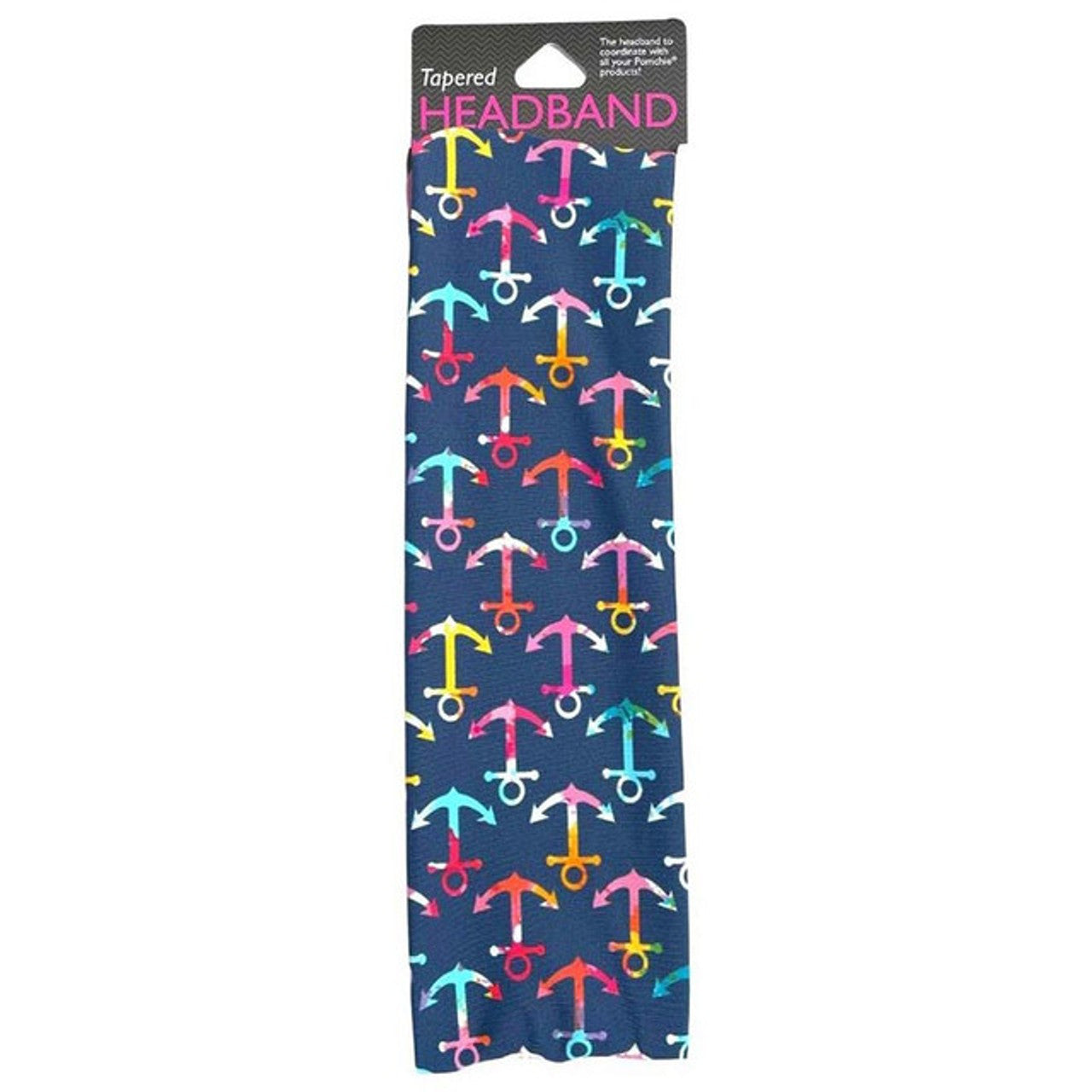Packaged tapered headband with colorful anchor pattern on a white background