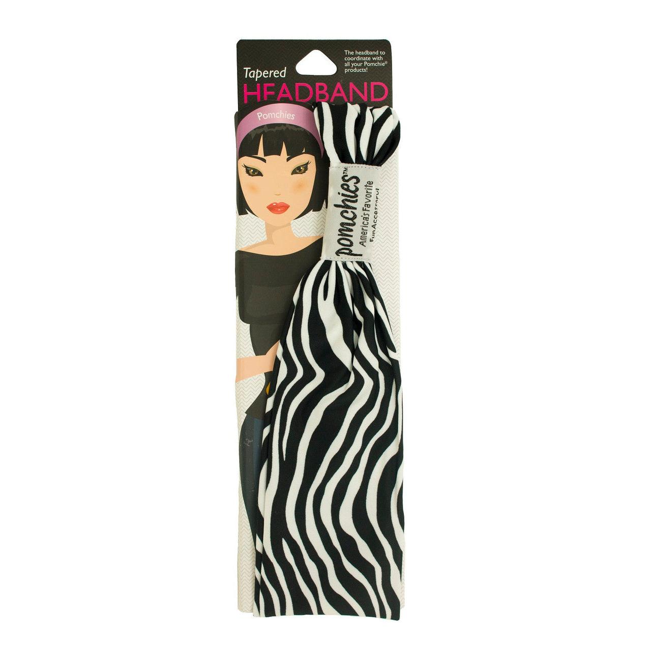 Zebra-striped headband in packaging with a model on a white background