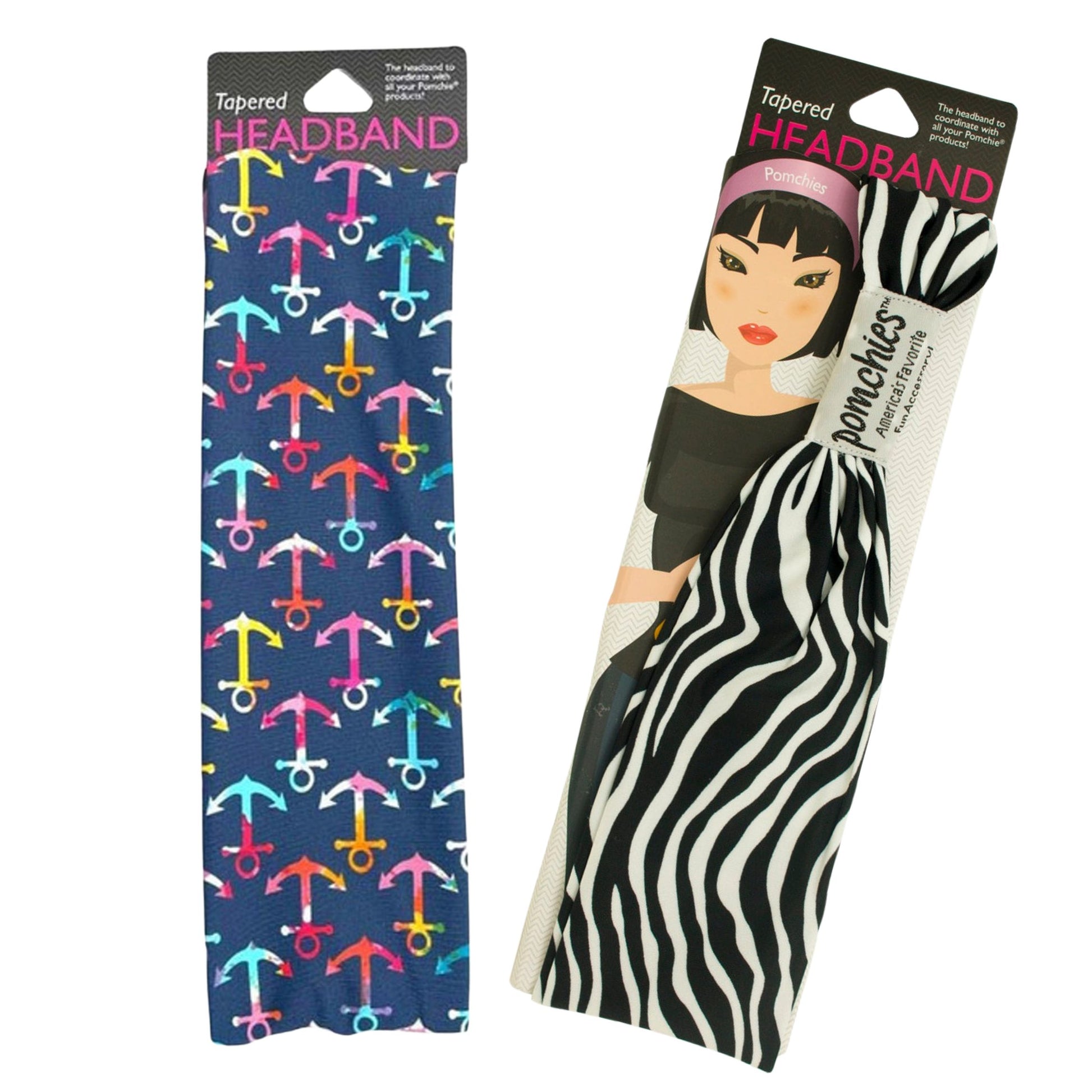Two headband packages, one with colorful anchor pattern and the other with zebra stripes.