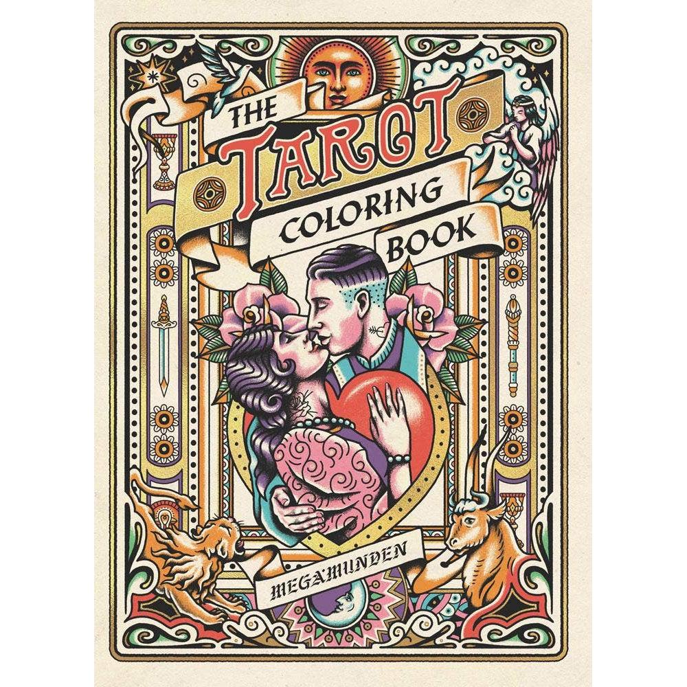 Cover of 'The Tarot Coloring Book' with decorative elements and a central illustration.