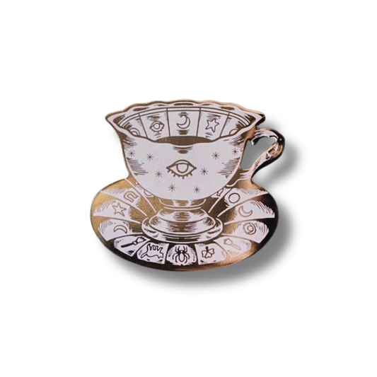 Tasseomancy Tea Leaf Reading Mystical Enamel Pin in White and Gold