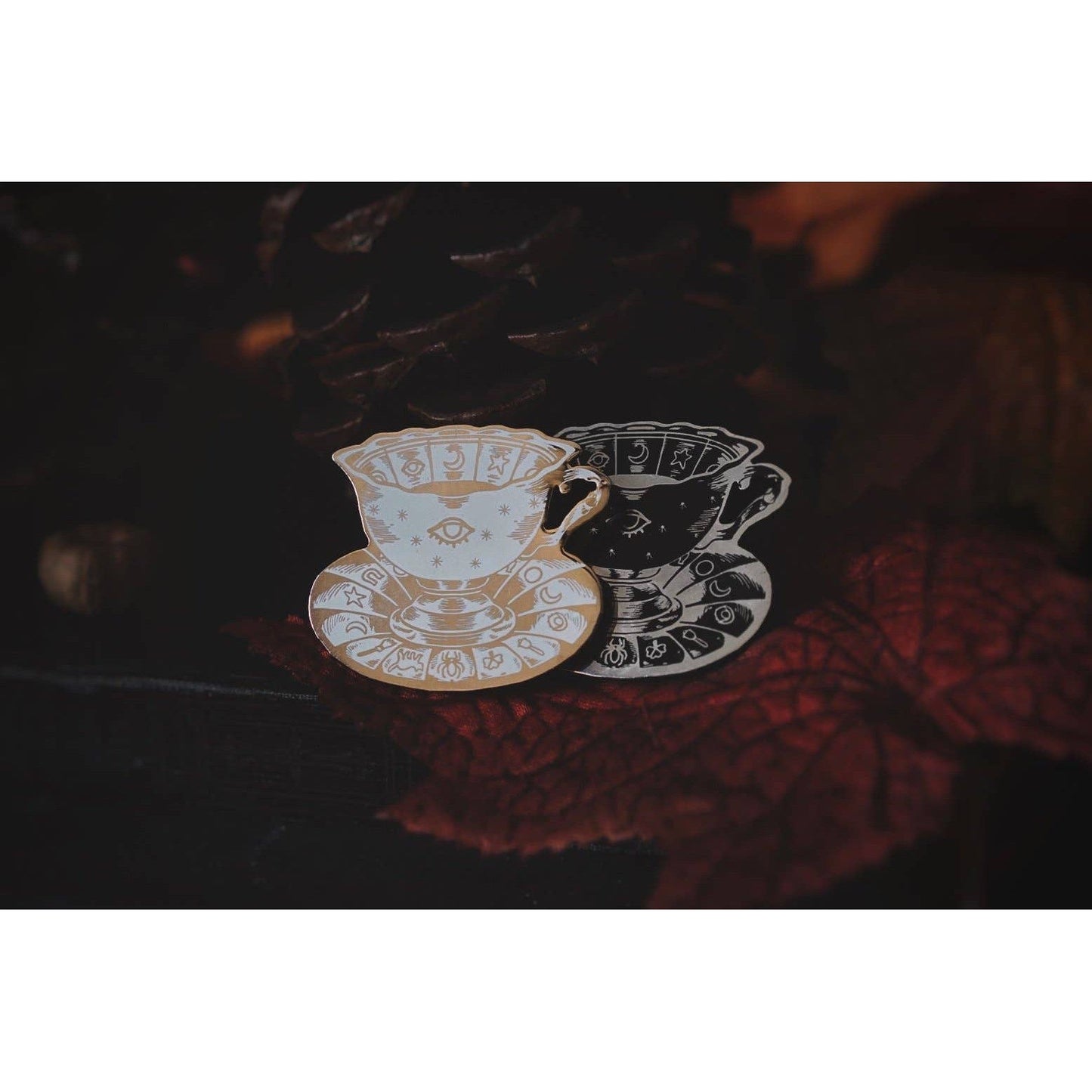 Tasseomancy Tea Leaf Reading Mystical Enamel Pin in White/Gold | Eye Symbol Brooch Lapel Pin | 1.5"
