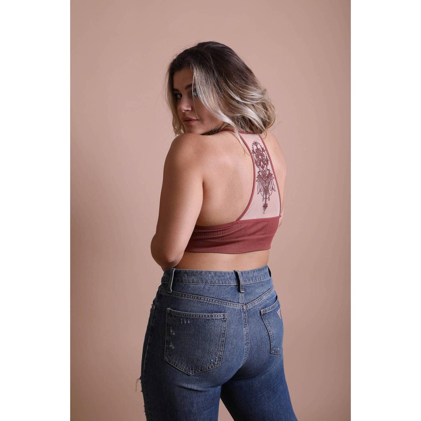 Tattoo Mesh Racerback Bralette Sizes Through 3X | Black & Rust