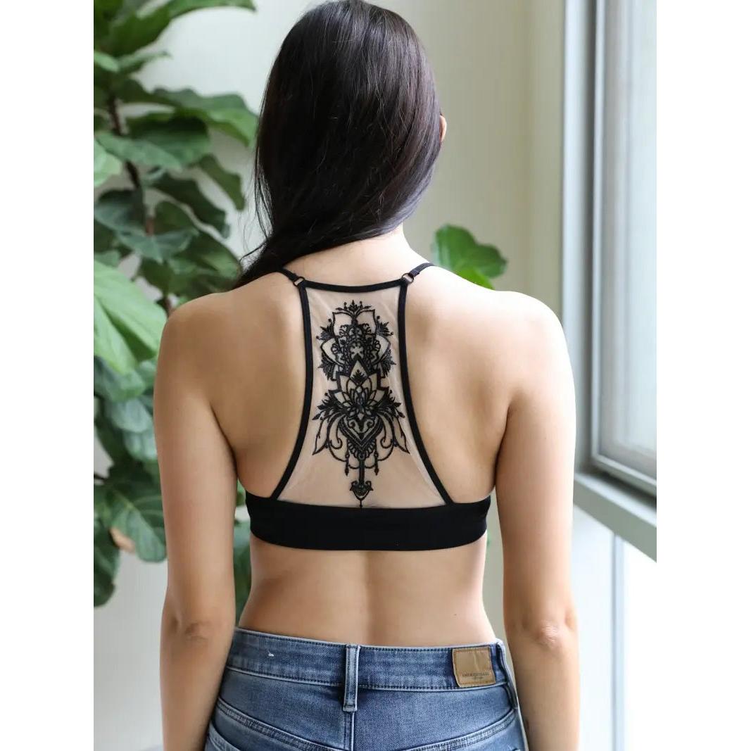 Tattoo Mesh Racerback Bralette Sizes Through 3X | Black & Rust