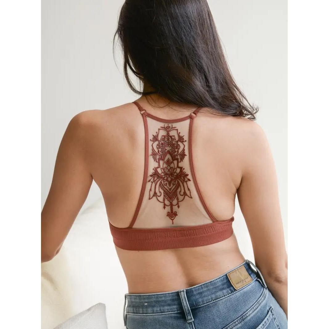 Tattoo Mesh Racerback Bralette Sizes Through 3X | Black & Rust