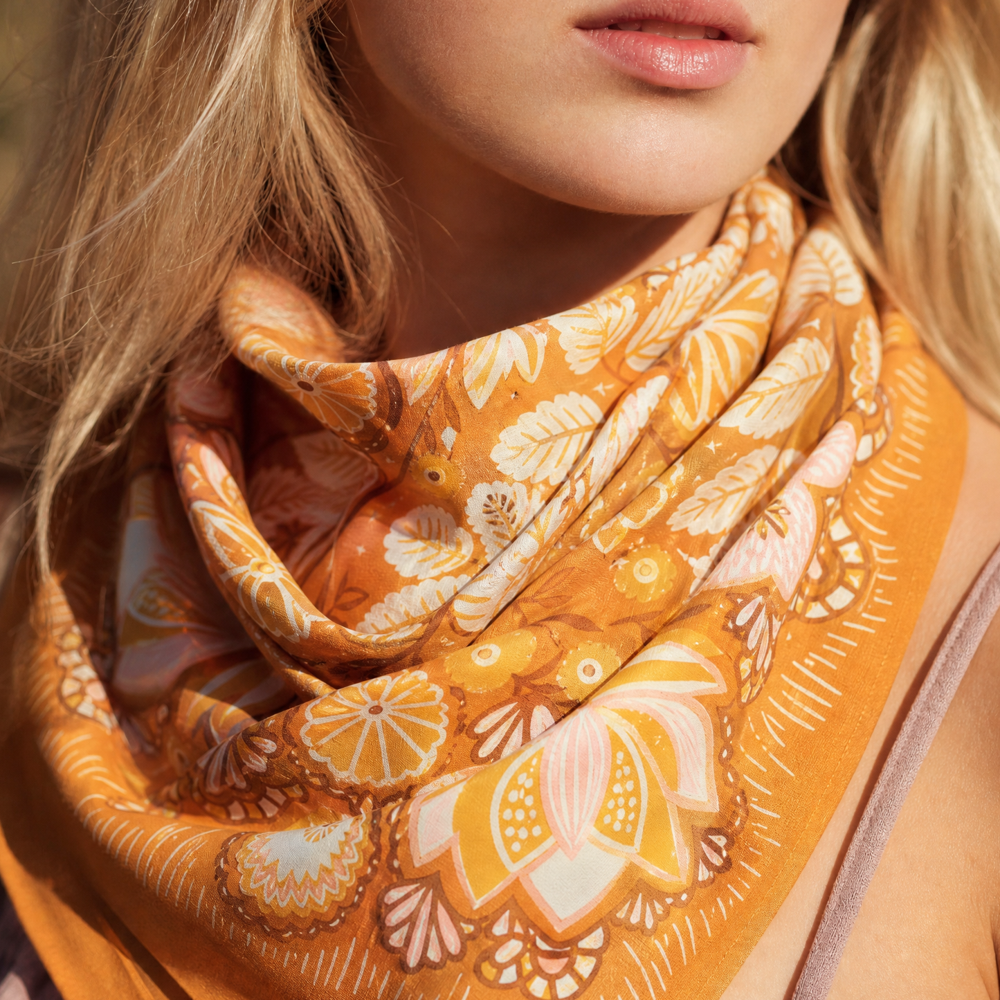 Tawny Bandana in Golden Umber Pink Floral Accent | Handmade in India | Cotton Scarf | 22'' x 22''