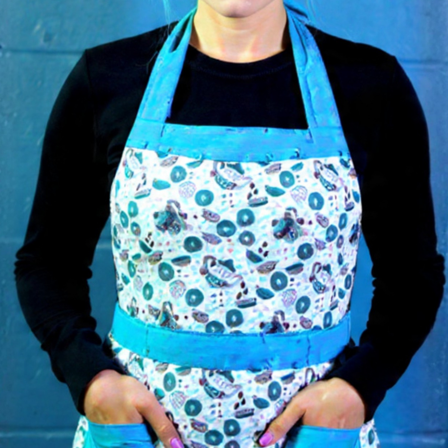 Tea Party Apron for Women | White Cotton Apron Kitchen Cooking Baking Gift with Pockets