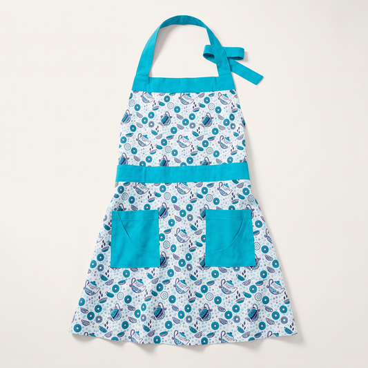 Tea Party Apron for Women | White Cotton Apron Kitchen Cooking Baking Gift with Pockets