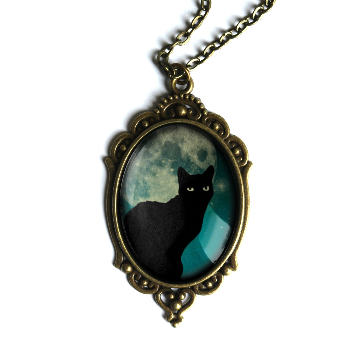Teal Cat On Full Moon Oval Pendant Necklace | Handmade in the US