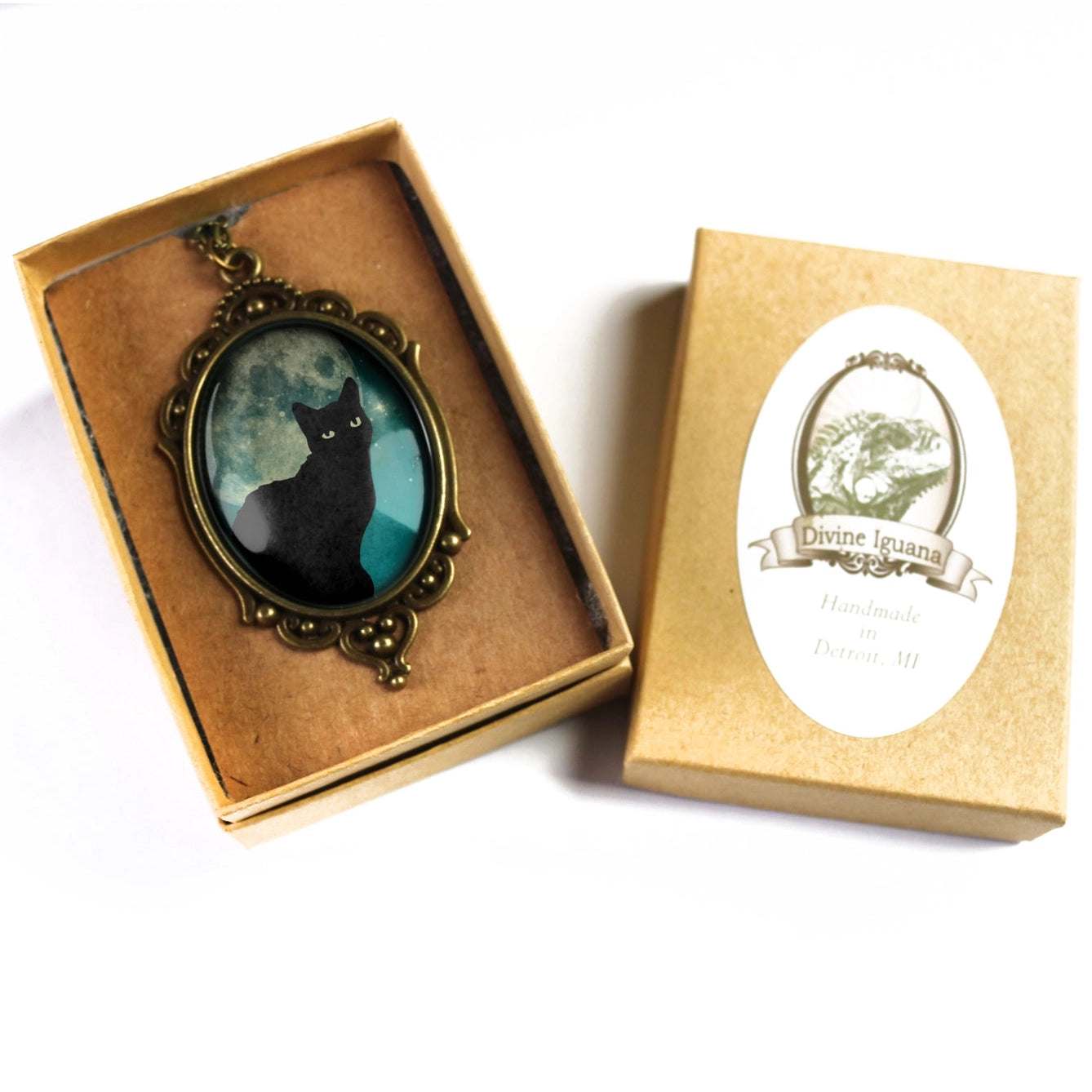 Teal Cat On Full Moon Oval Pendant Necklace | Handmade in the US