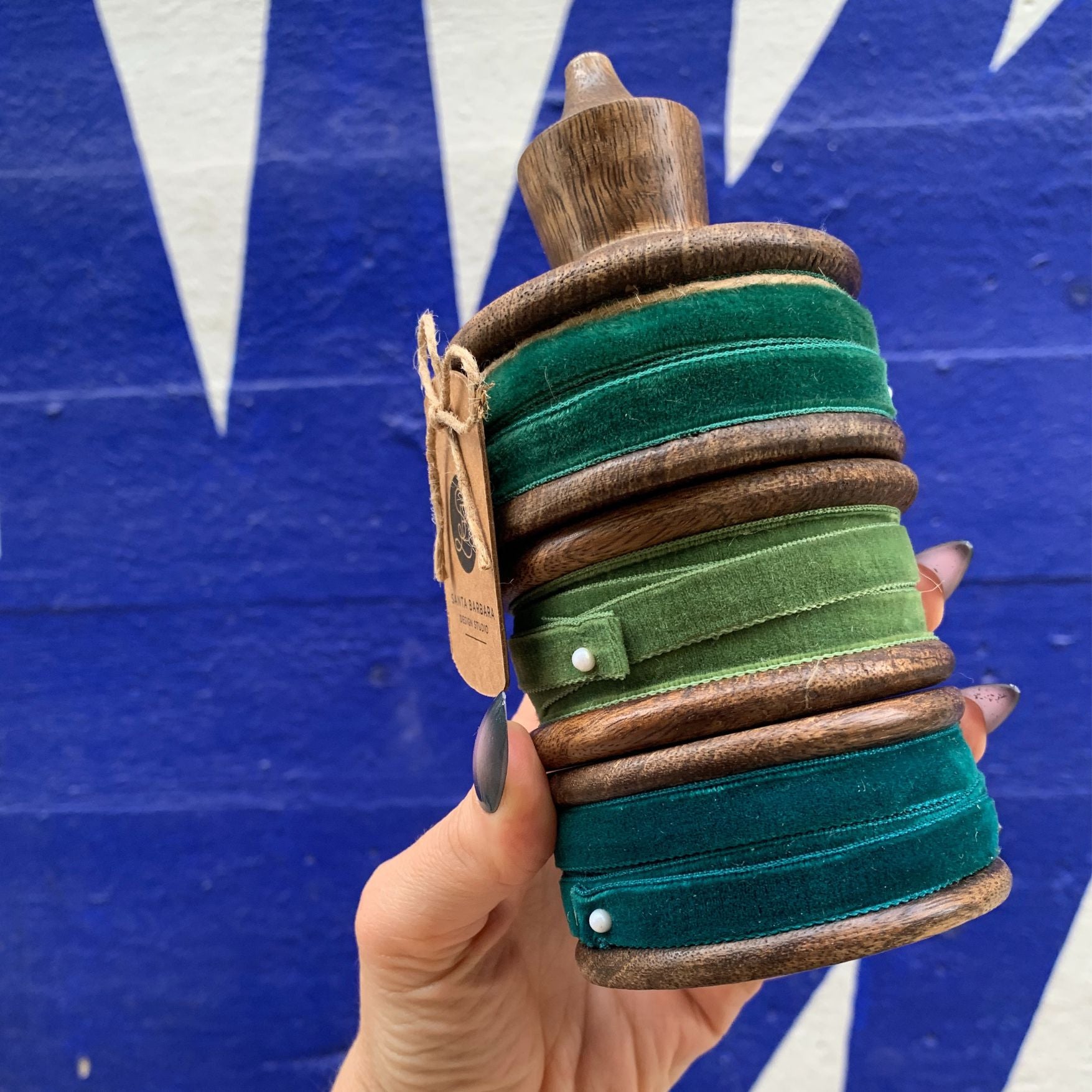 Teal and Citrine Velvet Trio Ribbon Spindle | Reusable Retro Wooden Spool