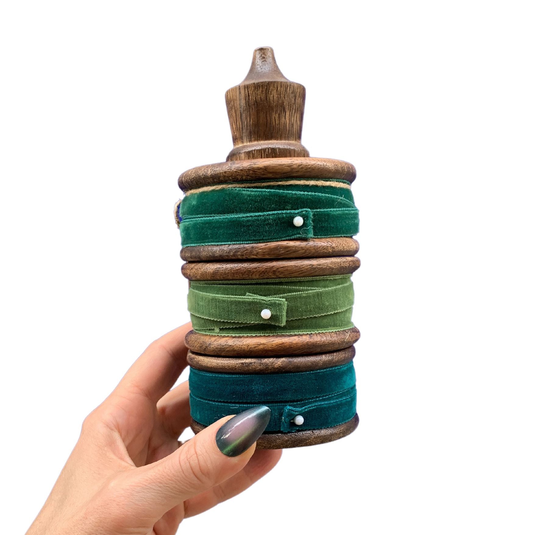 Teal and Citrine Velvet Trio Ribbon Spindle | Reusable Retro Wooden Spool