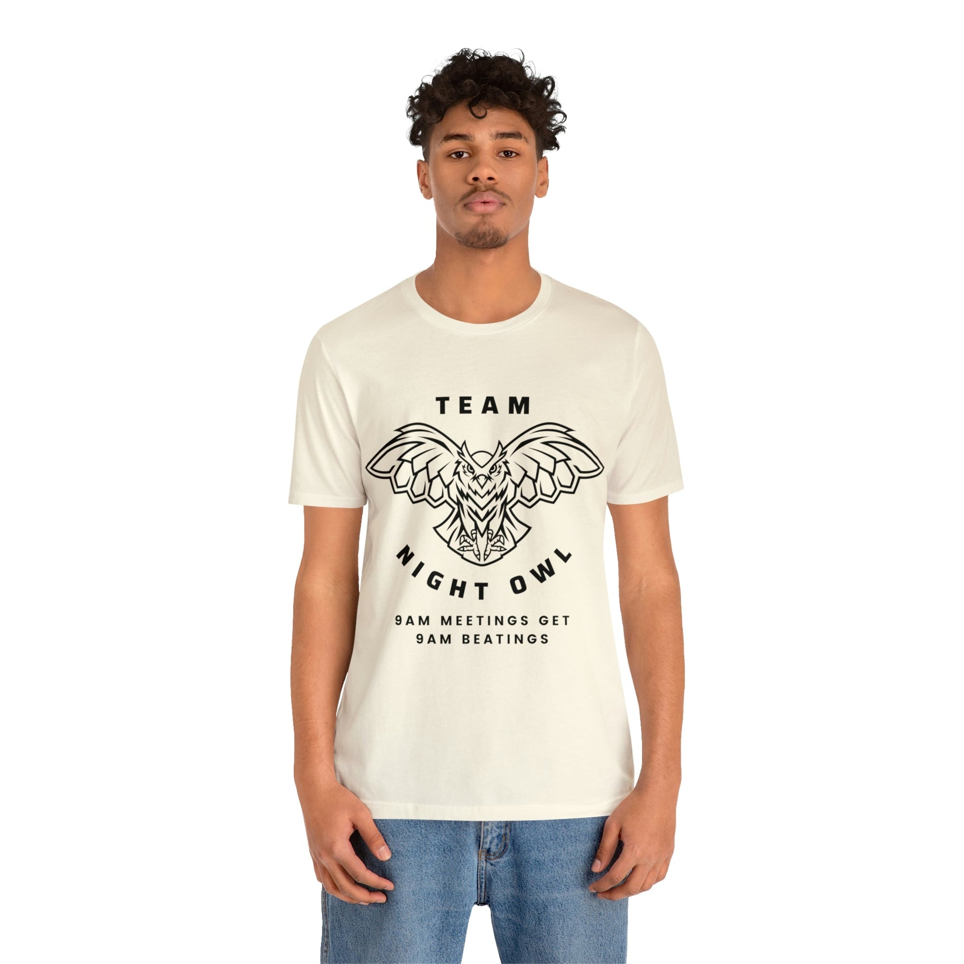 Team Night Owl 9am Meetings Get 9am Beatings Men's Jersey Short Sleeve Tee