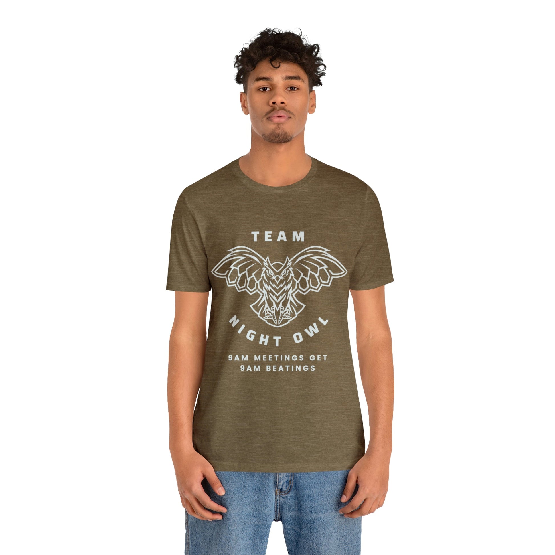 Team Night Owl 9am Meetings Get 9am Beatings Men's Jersey Short Sleeve Tee